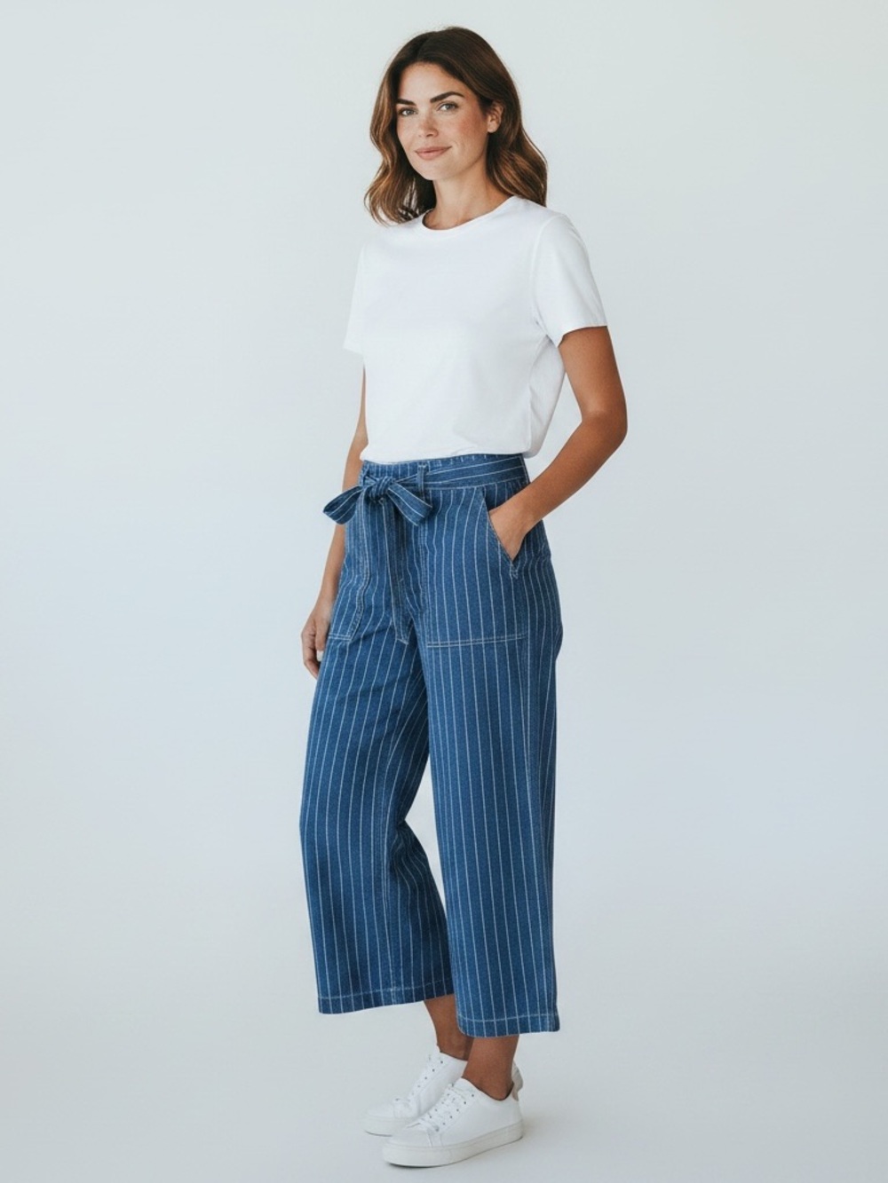 SEVEN 7 Belted Wide-Leg Cropped Pants Denim Womens Blue Striped Loose-Fit